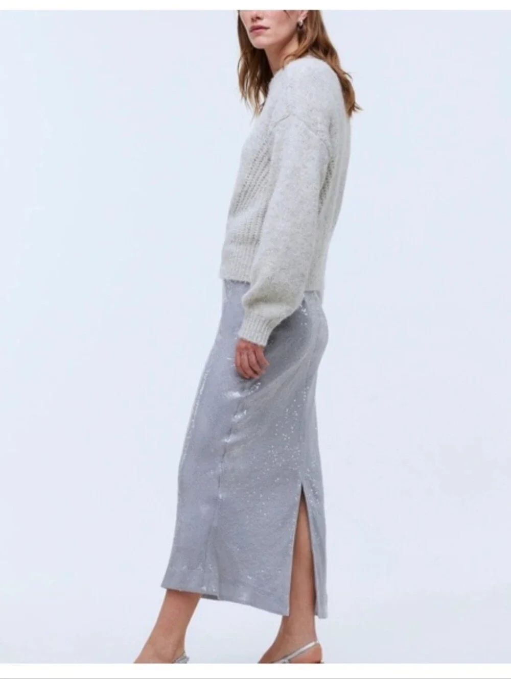 Madewell Sequin Midi Skirt Solstice Gray Silver Size 8 NWT